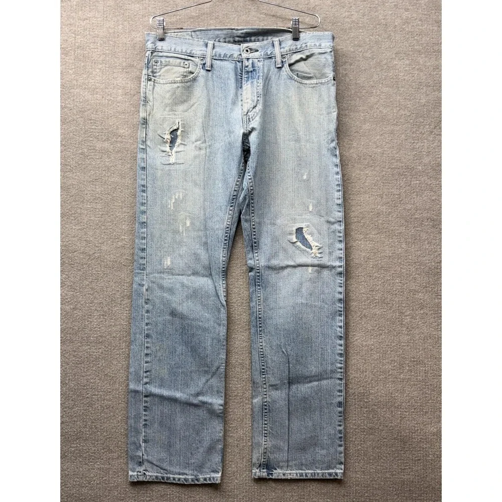 Levis 514 Straight Fit Jeans Mens 34x32 Light Wash Distressed Blue Denim‎